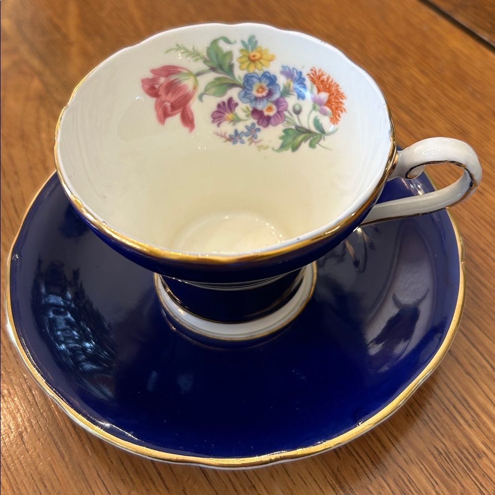 Vintage Aynsley fine bone china cobalt blue teacup and saucer set -rare pattern